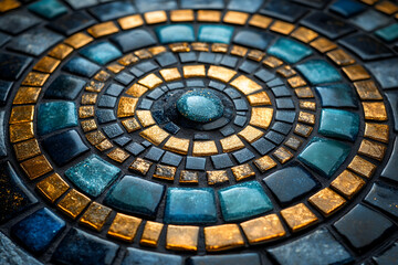 Fototapeta premium A mosaic tile design with blue and gold colors. The design is circular and has a gold center