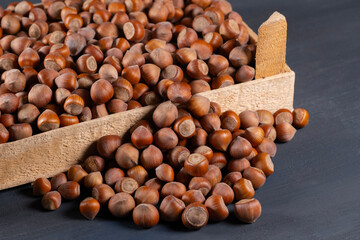 Pile of hazelnuts in a wooden crate