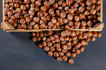 Pile of hazelnuts in a wooden crate