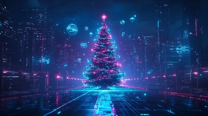 Neon-lit Christmas tree in electric blue and magenta, holographic orbs floating around, futuristic cityscape background with holograms, Sci-fi, 3D render, sharp details