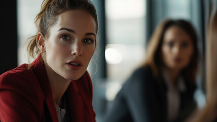 Young woman engaged in a serious discussion during a meeting in a modern office setting