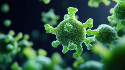 Microscopic view of a virus, showcasing intricate details and vibrant colors.