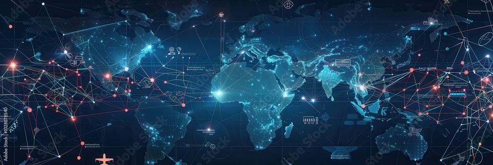 Fototapete Highlighted transport routes connect regions on a detailed global map, featuring icons representing different modes of transport. Generative AI