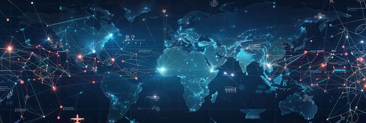 Highlighted transport routes connect regions on a detailed global map, featuring icons representing different modes of transport. Generative AI