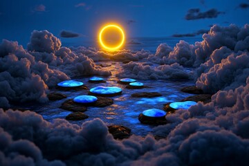 A fantasy sky glowing with soft blue light, where floating islands are illuminated by a golden yellow sun, creating an ethereal landscape of magic and wonder