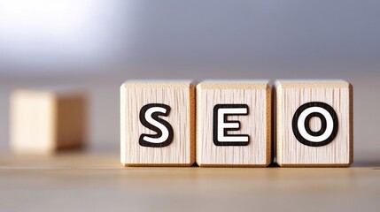 SEO wooden blocks on a table, white isolated background
