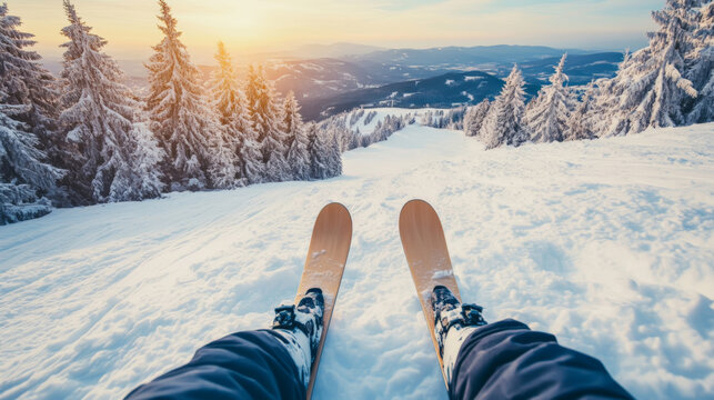 Winter ski adventure: scenic mountain view with skis and snow-covered landscape