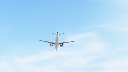 ULTRA HD. Airplane flies in blue sky. Travel. Airplane takes off against the background of blue sky.	
