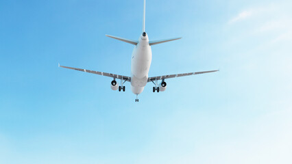 ULTRA HD. Airplane flies in blue sky. Travel. Airplane takes off against the background of blue sky.	
