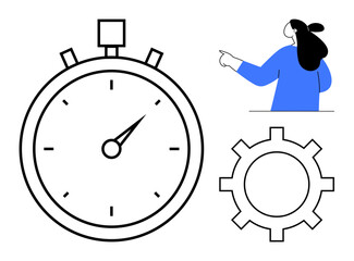 Large stopwatch, cogwheel and woman pointing demonstrate time management, productivity and workflow processes. Ideal for business, project management, productivity tools, efficiency, and work