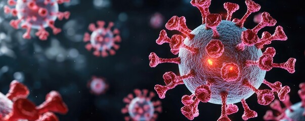 Illustration of virus particles under a microscope, dark background.