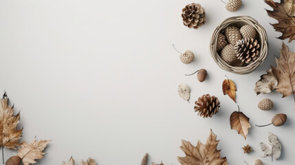 Autumn nature arrangement with pinecones, acorns, and dried leaves for seasonal decor
