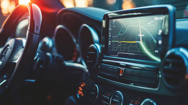 Sleek car dashboard featuring a large touchscreen infotainment system displaying navigation and music controls. luxury, interior, design, user, interface, opy space for text or branding