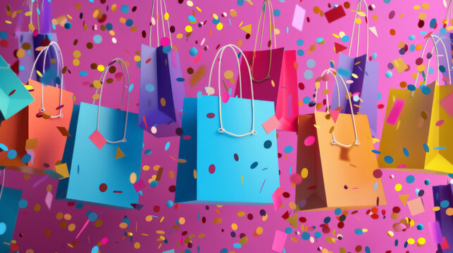 Colorful shopping bags and confetti celebration for festive promotions or sales events