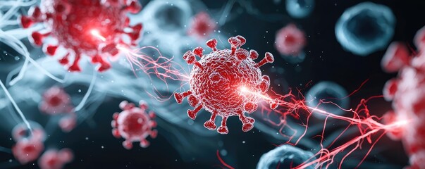 Obraz premium Close-up of virus particles, illuminated in a digital illustration.