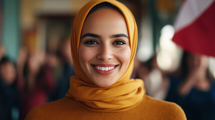 smiling woman wearing yellow hijab and cozy sweater, radiating warmth and positivity in vibrant setting. Her joyful expression captures essence of community and connection.