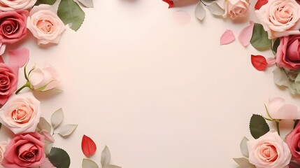 Pink and Red Roses with Green Leaves and Petals on Beige Background