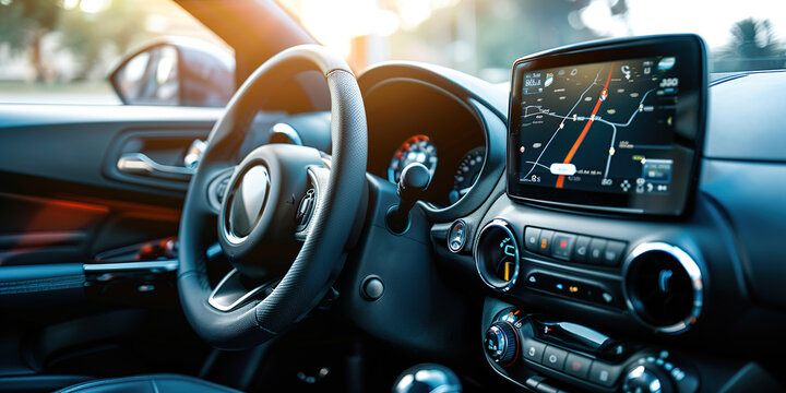 Sleek car dashboard featuring a large touchscreen infotainment system displaying navigation and music controls. luxury, interior, design, user, interface, opy space for text or branding