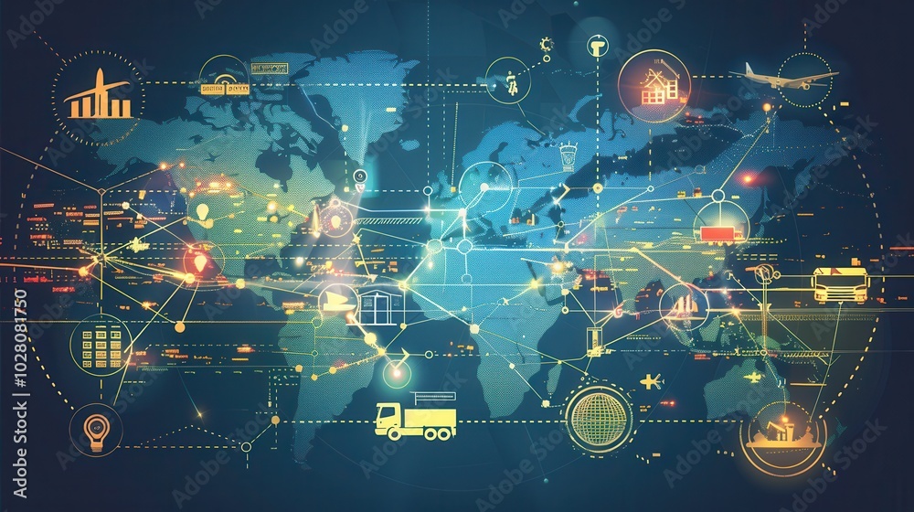 Poster the map displays various transport routes across the globe, featuring icons representing land, air, 