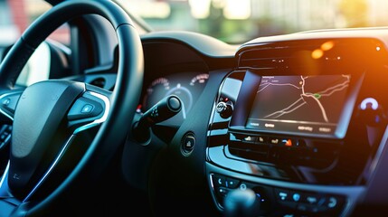 Obraz premium Sleek car dashboard featuring a large touchscreen infotainment system displaying navigation and music controls. luxury, interior, design, user, interface, opy space for text or branding