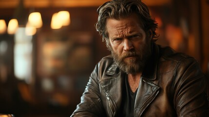 Obraz premium A man with a beard and leather jacket looks intently at the camera.