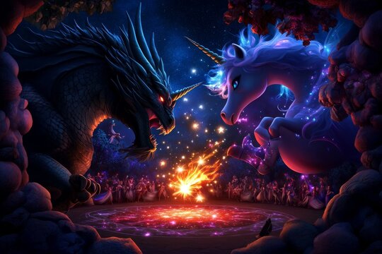 Fantasy creatures performing in a mystical circus, where dragons breathe fire, fairies juggle stars, and unicorns parade under an enchanted big top filled with glowing lights and ethereal music