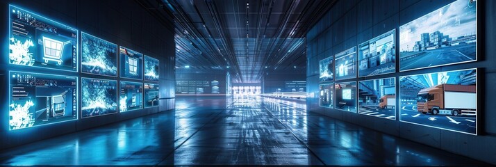 A logistics control center is actively monitoring delivery routes using large screens that present real-time data and analytics. Generative AI