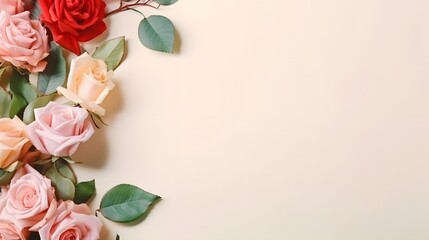 Fototapeta premium Delicate Roses and Green Leaves on a Pale Background