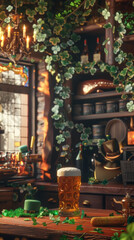 Fototapeta premium Cozy st. patrick's day pub scene with shamrocks, beer, and festive hats