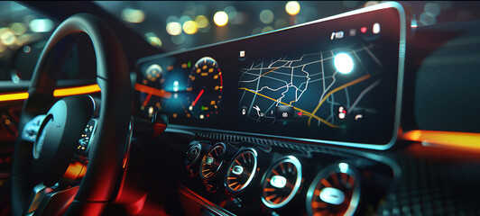 Sleek car dashboard featuring a large touchscreen infotainment system displaying navigation and music controls. luxury, interior, design, user, interface, opy space for text or branding