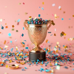 Gold trophy filled with colorful confetti on a pink background.