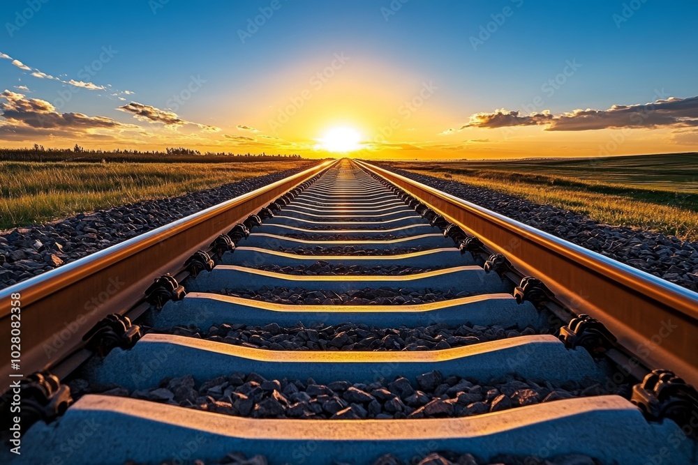 Wall mural Long stretch of railroad tracks disappearing into the horizon, with the sun setting behind them, casting warm golden light across the rails