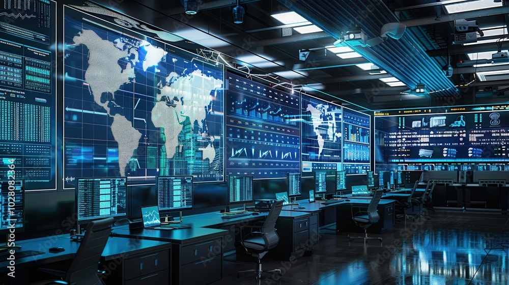 Poster the control center features multiple large screens displaying logistics data and delivery routes, cr