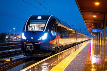 Naklejka premium Hyper-realistic image of a train station at night, with the lights reflecting off the wet platform and the train's sleek cars ready for departure, capturing the quiet anticipation of travel