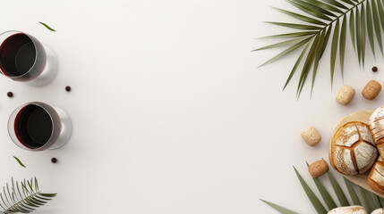 Cozy breakfast setting with coffee and fresh bread on white background