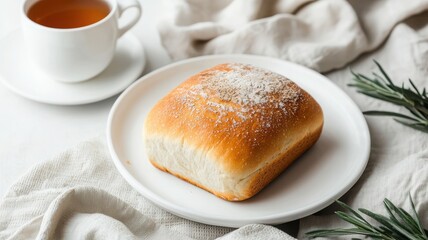 Fresh baked bread roll on a plate next to a cup of tea.