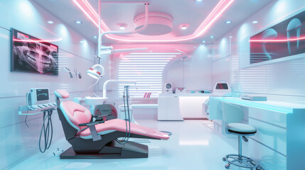 Futuristic dental clinic with neon lights and modern equipment for advanced oral care