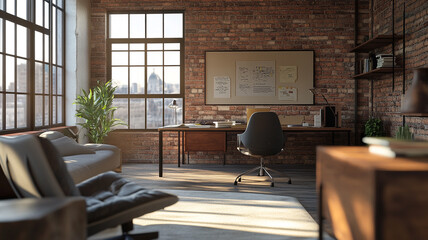 Cozy urban workspace with natural light and brick walls in a modern office setting