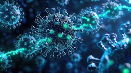 Obraz premium 3D illustration of virus structure with glowing details, dark background.