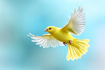 Obraz premium Watercolor illustration of a yellow bird flying through a pale blue sky, with soft, dreamy colors blending together to create a sense of freedom and lightness