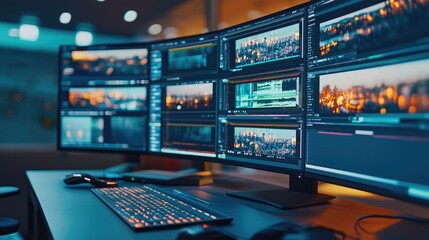 Obraz premium A modern workspace featuring multiple high-resolution monitors displaying vibrant visuals for digital editing and media production.