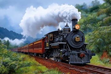 Naklejka premium Watercolor painting of a steam train moving through a countryside, with soft washes of color capturing the trainâ€™s smoke and the lush green landscape surrounding the rails