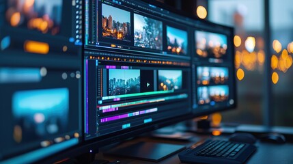 Obraz premium A vibrant workspace featuring multiple monitors displaying video editing software, showcasing creativity and modern technology.
