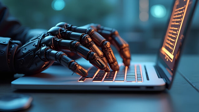 Cyborg hand pressing a keyboard on a laptop 3D rendering