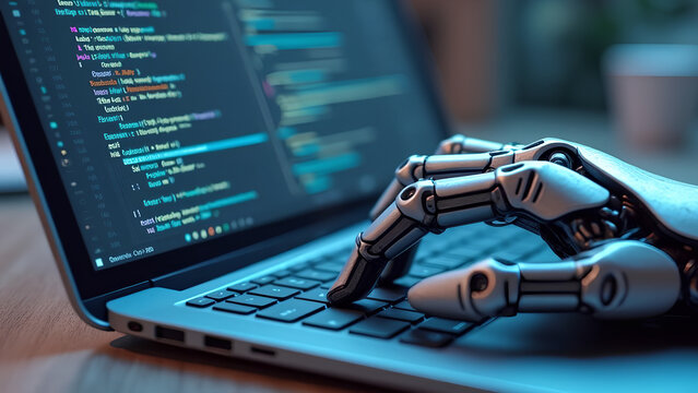 Cyborg hand pressing a keyboard on a laptop 3D rendering