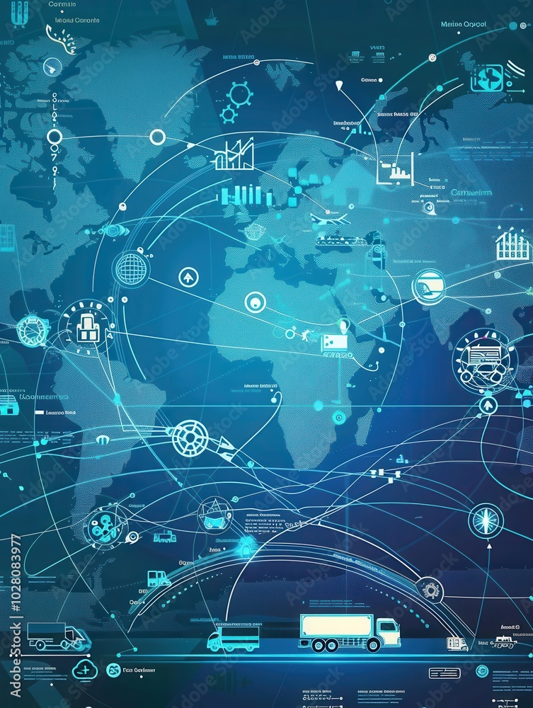 Aufkleber a world map displays global transport routes with icons representing diverse methods of transportati