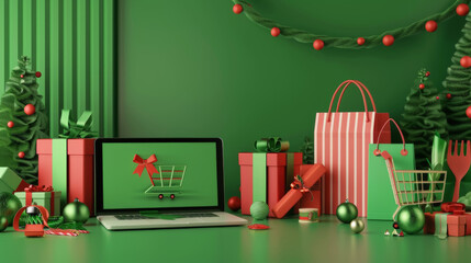 Festive online shopping concept with holiday decorations and gift packaging