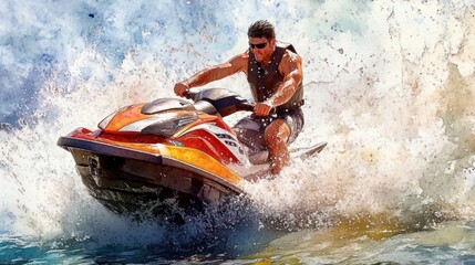 Artistic illustration of jetski in water. Summer tropical sports.