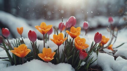 spring flowers in the snow,8k resolutions
