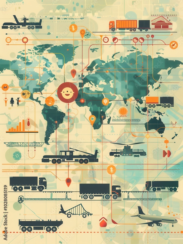 Poster a world map illustrates important transport routes, showcasing different types of vehicles and their